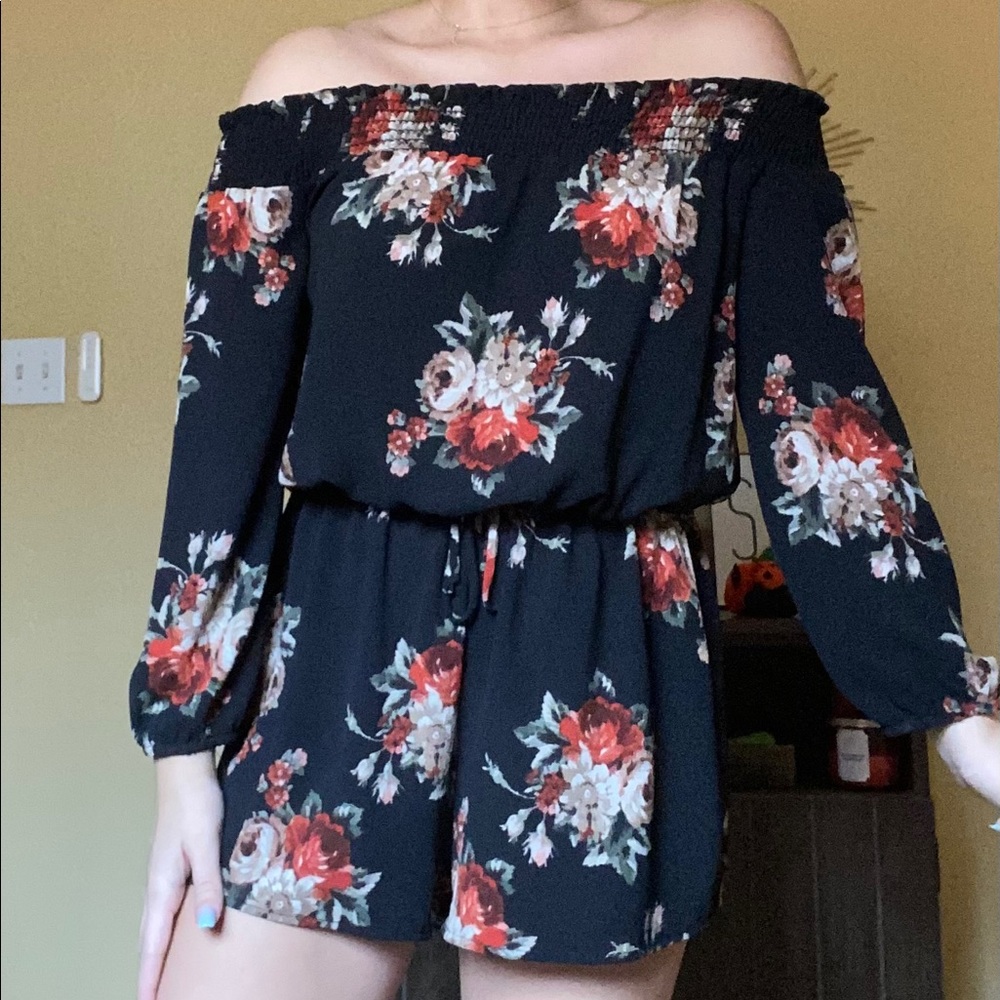 Dark Floral Off the Shoulder Romper